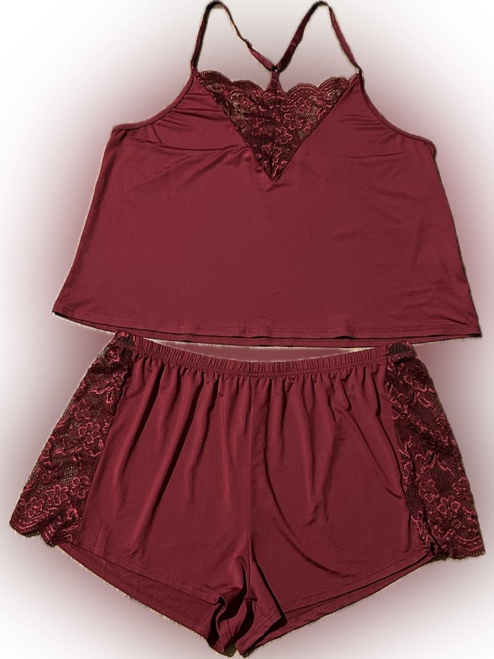 Dark Red Like New Silky Lace Pajama Set - 3XL - Tank & Shorts